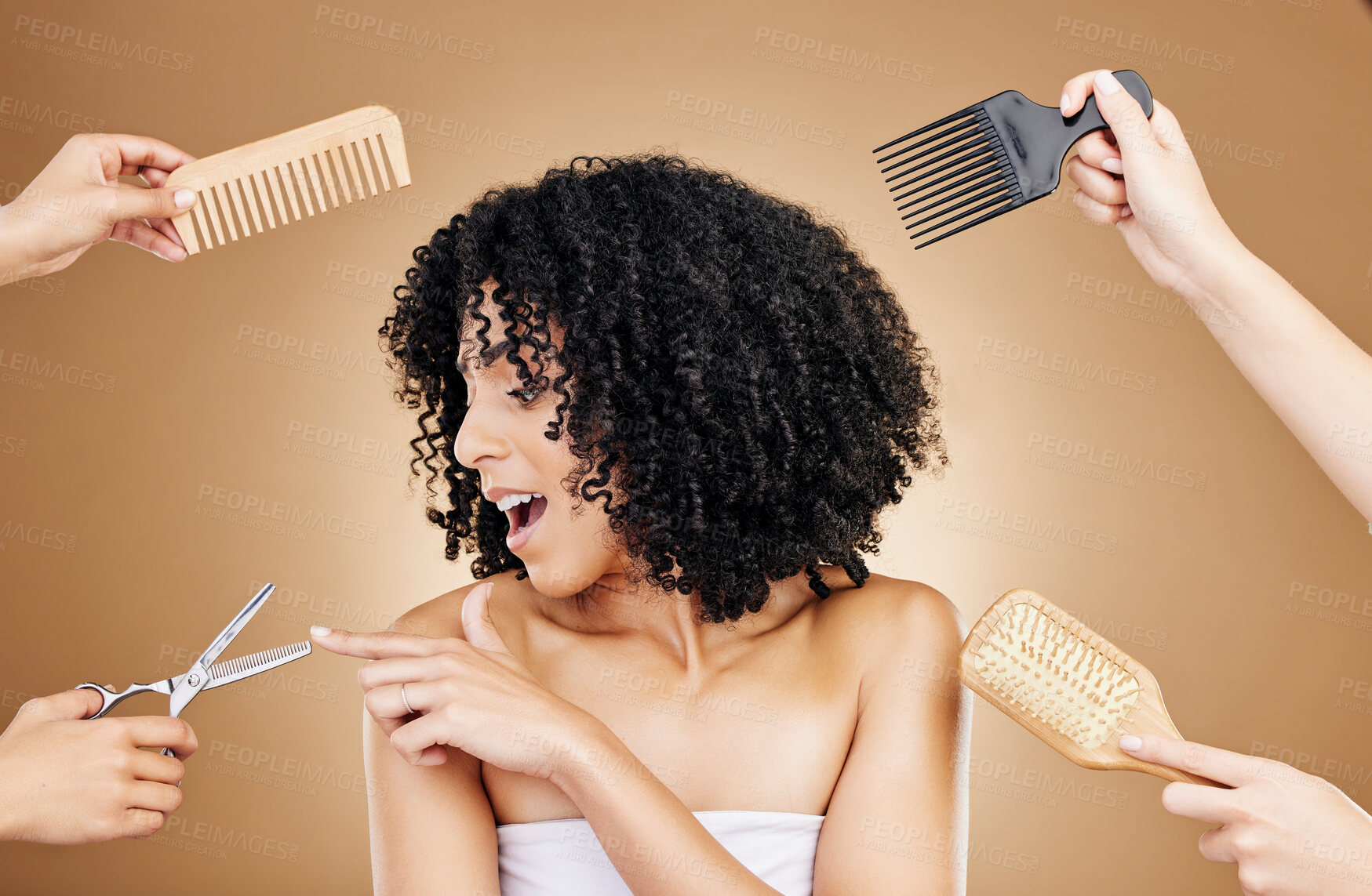 Buy stock photo Hair care, shock and tools of woman in a studio with curly, natural and salon treatment. Smile, beauty and model from Mexico with scissor, brush and comb for hairstyle isolated by brown background