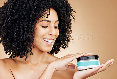 Buy stock photo Woman, container and hair, product for curls and shine, beauty with smile and strong texture on studio background. Advertising, haircare cosmetics for growth and cosmetology with model and afro