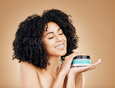 Buy stock photo Happy woman, container and hair, product for curls and shine, beauty with smile and strong texture on studio background. Advertising, haircare cosmetics for growth and cosmetology with model and afro