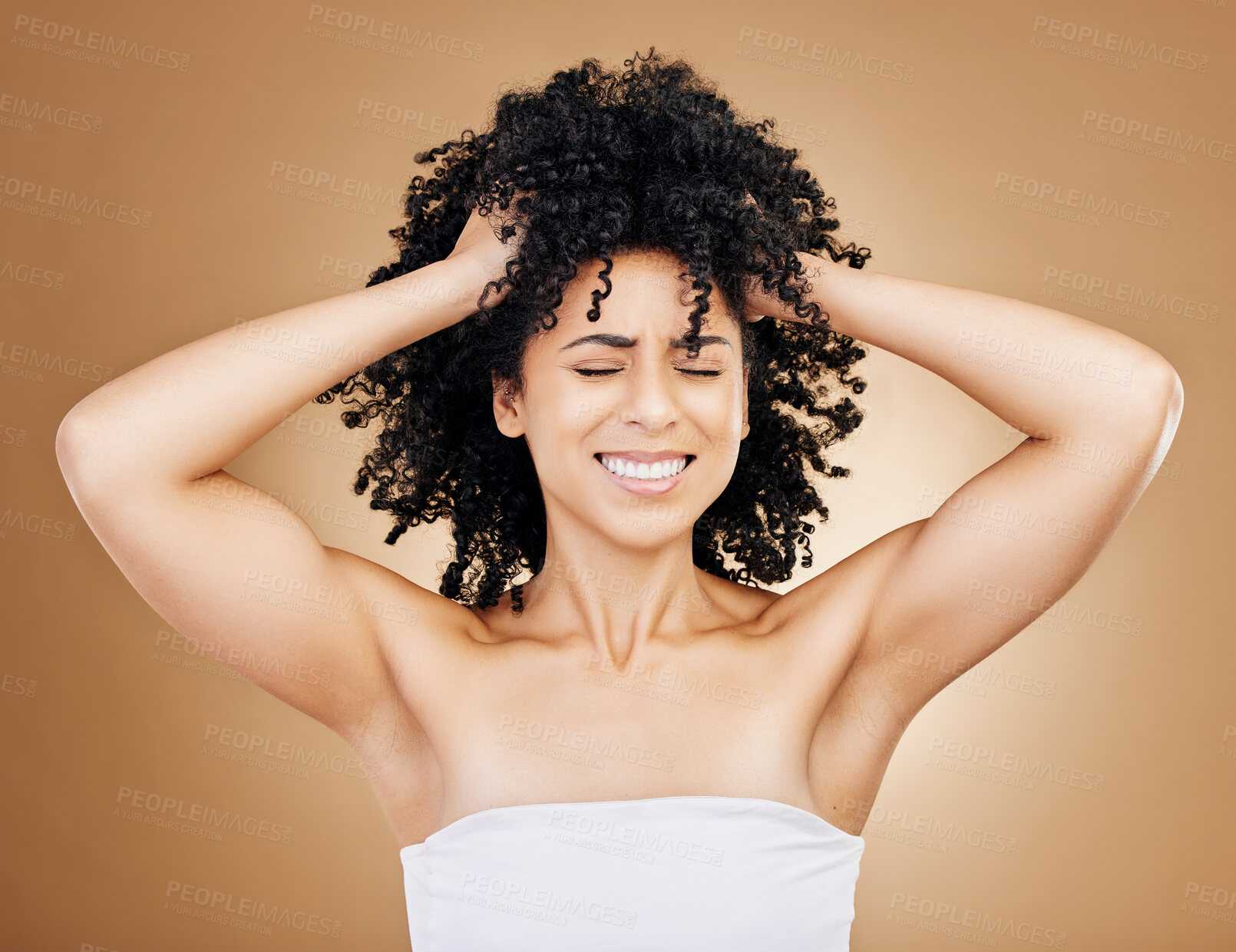 Buy stock photo Woman, hair crisis and stress, beauty fail and salon treatment regret with frustration on studio brown background. Haircare disaster, cosmetics with pain, growth or texture mistake with headache 