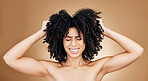 Woman afro, studio hair problem and grooming care mistake, shampoo allergic reaction or texture crisis, risk or fail. Spa salon hairstyle, keratin and face of person stress on brown background