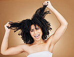 Afro woman, hair problem and studio portrait of grooming care mistake, shampoo allergic reaction and frustrated with hairloss. Hairstyle disaster, frizz and face of person stress on brown background