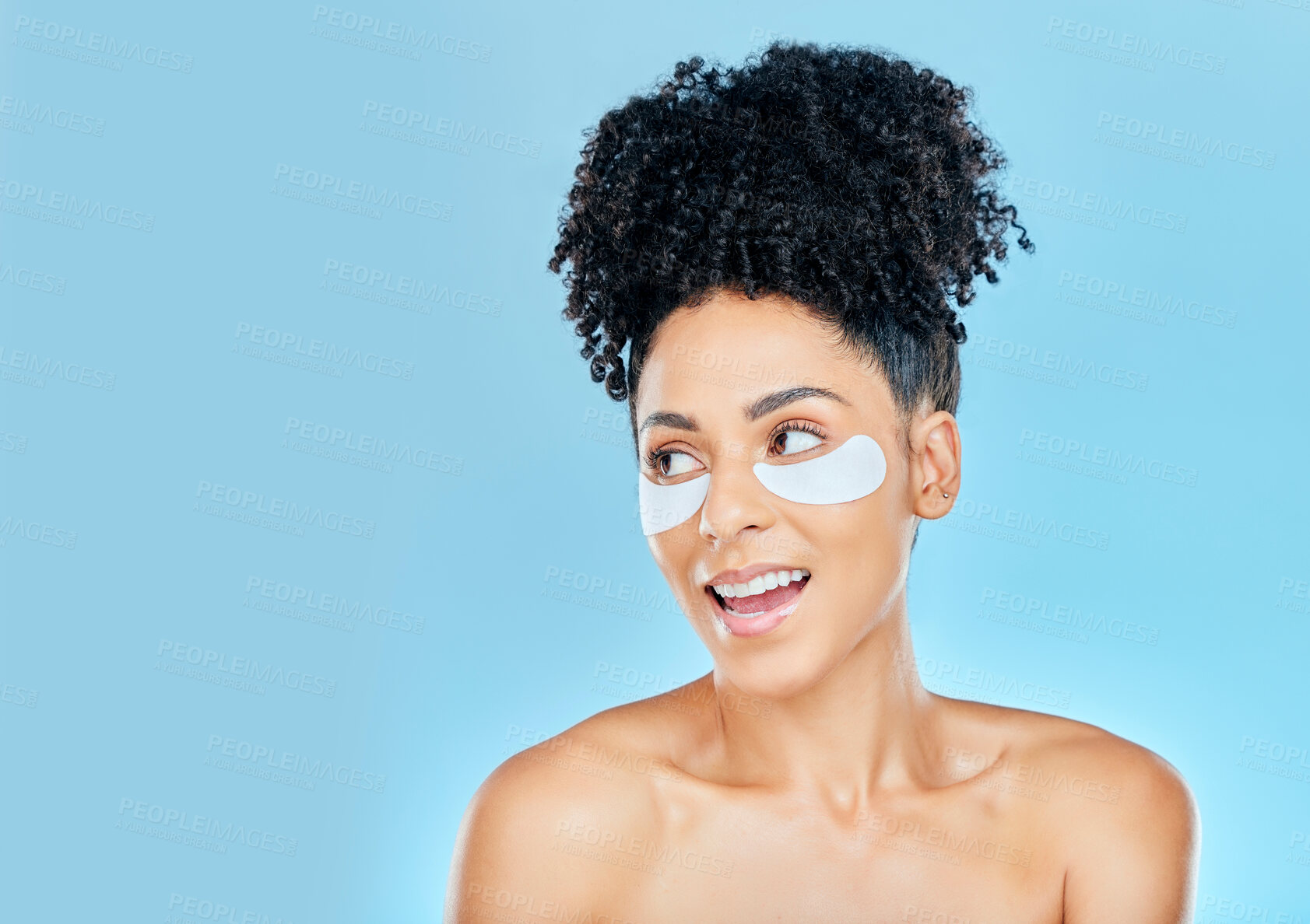 Buy stock photo Face, woman and under eyes patch for skin hydration, beauty cosmetics or self care routine, treatment or wellness. Mockup skincare space, advertising studio and detox mask model on blue background
