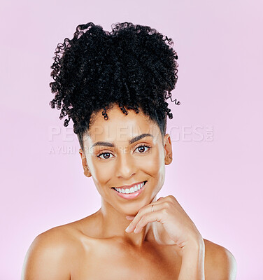 Buy stock photo Smile, natural beauty and portrait of woman in studio with glowing skin results on pink background. Happy, face and female model with cosmetic satisfaction, wellness and skincare, treatment or shine