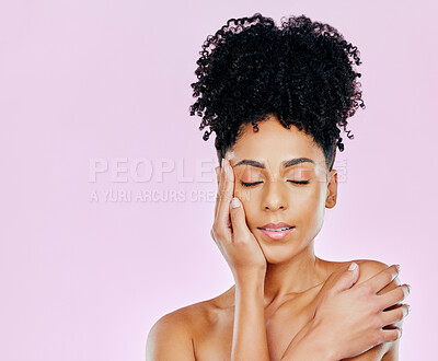 Buy stock photo Skincare, relax and woman with natural beauty in studio for wellness, treatment or glow on pink background. Calm, shine and hands on face of female model with dermatology satisfaction or results