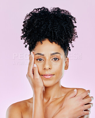 Buy stock photo Skincare, natural and portrait of woman with cosmetic aesthetic isolated in a studio pink background for wellness. Face, beauty an young person with dermatology facial treatment for smooth skin