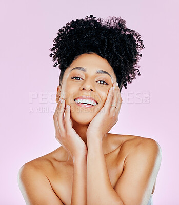 Buy stock photo Portrait, beauty and happy woman, natural and dermatology with clean skin, wellness and glow on pink background. Skincare, antiaging and cosmetics with self care, spa treatment and hygiene in studio