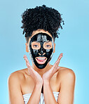 Skincare, charcoal mask and portrait of woman for facial treatment, anti aging detox and wellness. Beauty, studio and face of person with products for health, cosmetics or grooming on blue background