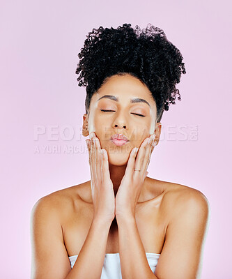 Buy stock photo Skincare, beauty and woman kiss for cosmetic aesthetic isolated in a studio pink background for wellness. Face, natural an young person with dermatology facial treatment for clean and smooth skin