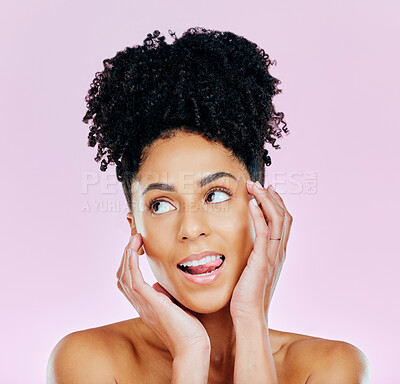 Buy stock photo Woman, thinking and studio for beauty with skincare in mockup on pink background for idea. African, person or female model with silly face for makeup of salon treatment, facial or hair with cosmetics