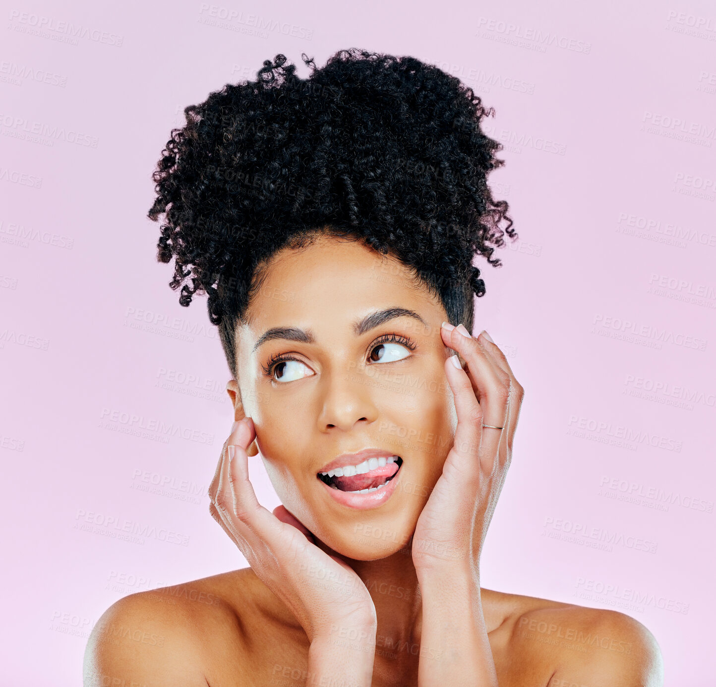 Buy stock photo Woman, thinking and studio for beauty with skincare in mockup on pink background for idea. African, person or female model with silly face for makeup of salon treatment, facial or hair with cosmetics