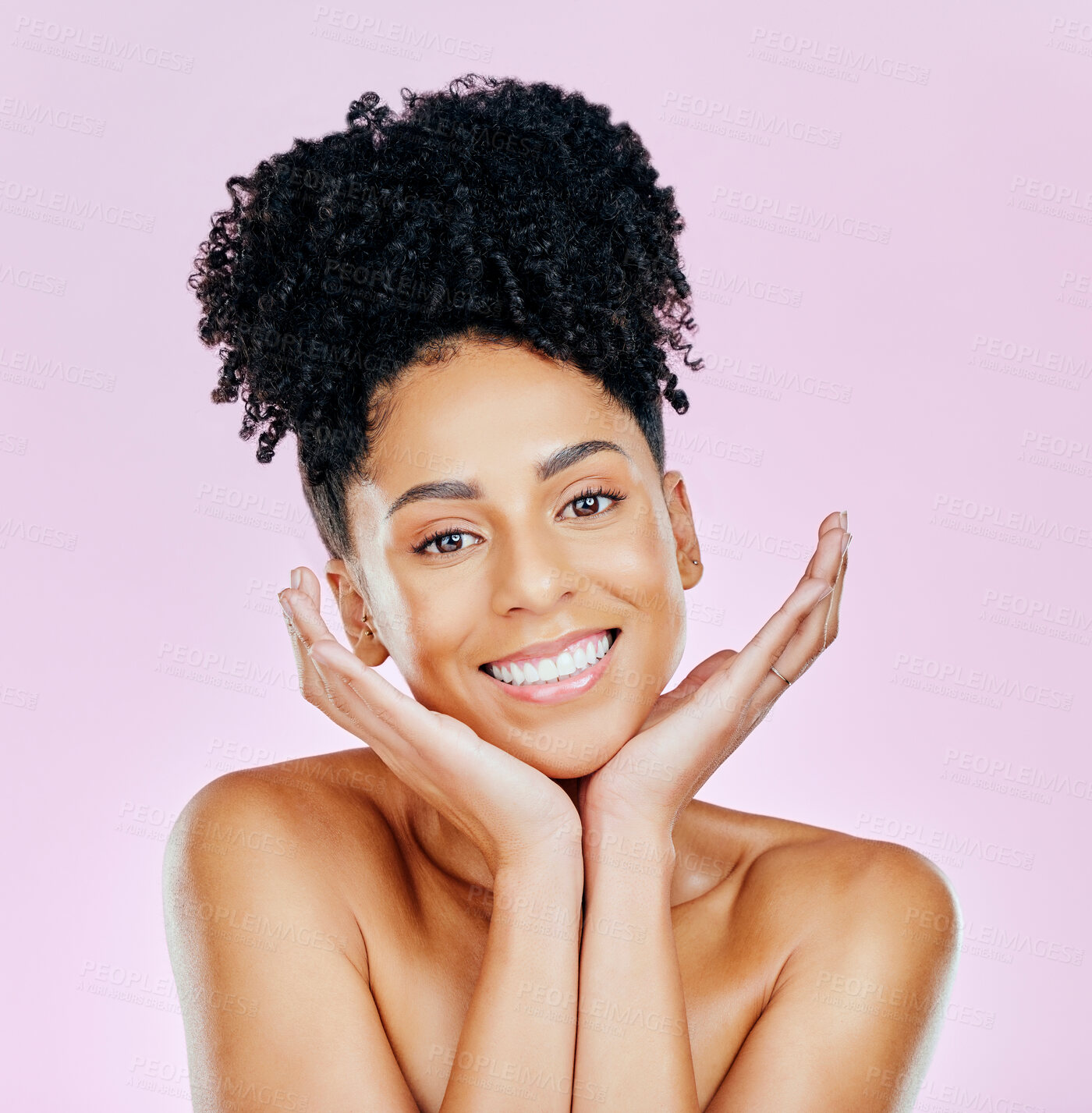 Buy stock photo Portrait, happy and woman in studio for natural beauty, wellness or cosmetic treatment on pink background. Smile, skincare and hands on face of lady model with dermatology result satisfaction or glow