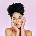 Natural beauty, portrait and happy woman in studio for wellness, cosmetics or treatment on pink background. Smile, skincare and hands on face of female model excited for dermatology results or glow