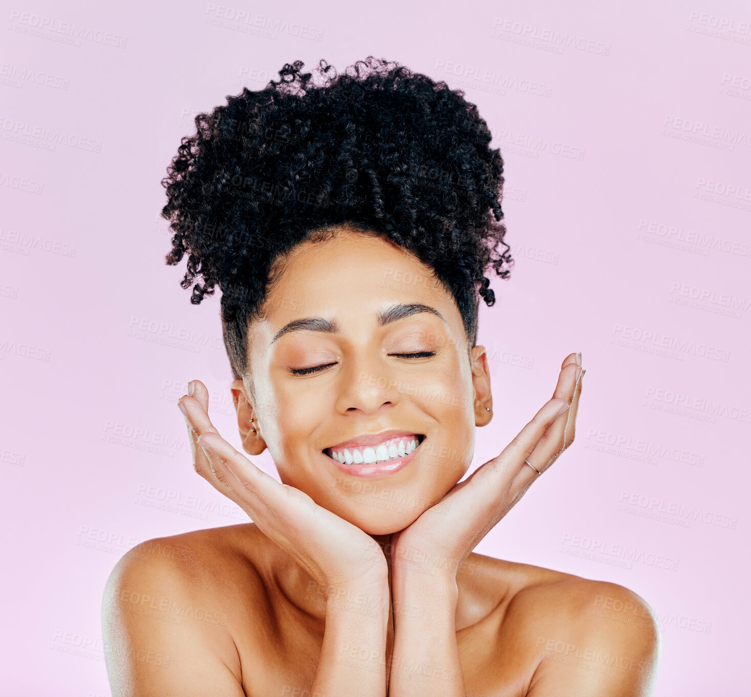 Buy stock photo Relax, skincare and woman with natural beauty in studio for wellness, treatment or glow on pink background. Happy, shine and hands on face of female model with dermatology satisfaction or results