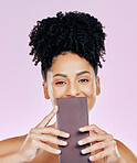 Portrait, sweet diet and woman with chocolate bar, snack and unhealthy food on a pink studio background. Face, person and model with happiness, cacao treat and calories with sugar, candy or nutrition