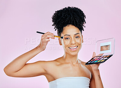 Buy stock photo Makeup palette, portrait and woman smile for brush, beauty routine and apply face design powder, foundation or product. Creative, self care illness and aesthetic cosmetics artist on pink background