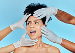 Skincare, hands with gloves and woman scared in studio for facial plastic surgery consultation. Model with stress, fear and anxiety for beauty, dermatology or collagen therapy on blue background.