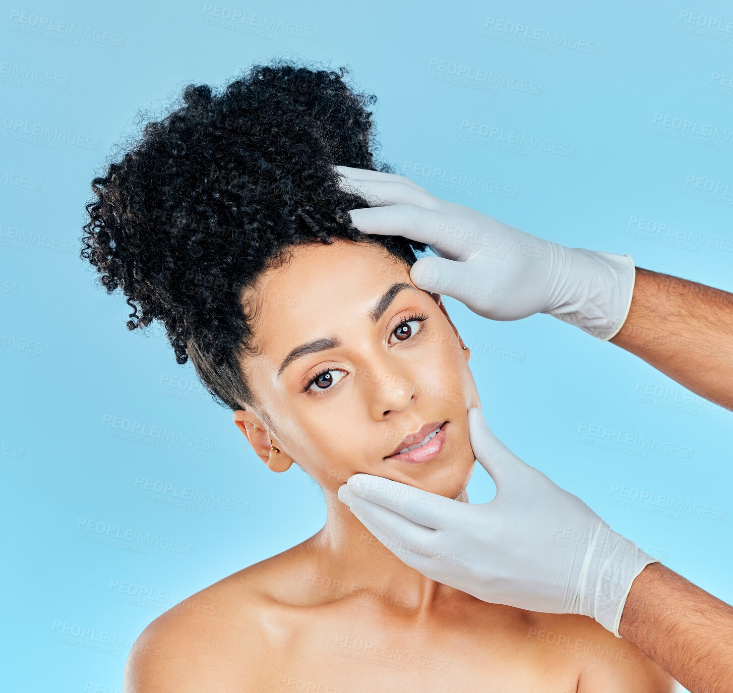 Buy stock photo Facial, plastic surgery and portrait of woman with hands on face in studio for cosmetic beauty consultation. Skincare, dermatology and professional collagen therapy, face of model on blue background.