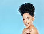 Skincare, body cream and portrait of woman in studio for lotion application on blue background. Face, beauty and female wellness model with sunscreen, moisturiser or dermatology, cosmetics or glow 