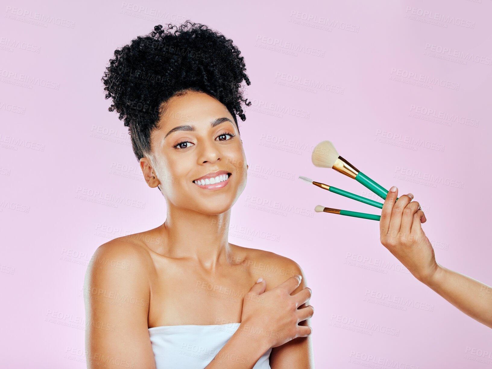 Buy stock photo Makeup brush, smile and studio portrait of woman with tools choice for skincare glow, routine treatment or wellness self care. Beauty spa cosmetics, happiness and model makeover on pink background