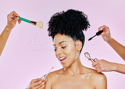 Buy stock photo Hands, thinking and a woman with makeup, tools and help on a pink background. Happy, skincare and a model or girl with people for cosmetics work, glow and facial beauty with a smile and artists