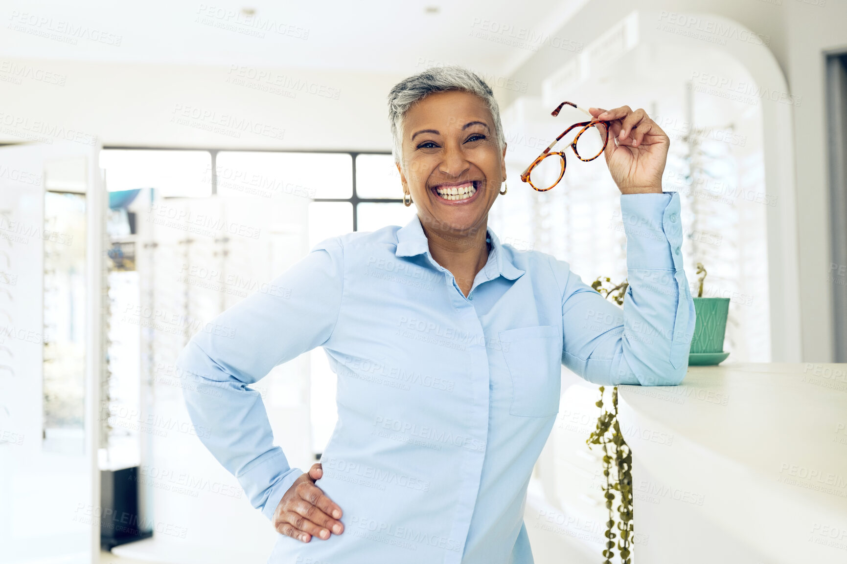 Buy stock photo Store portrait, optometrist and happy woman with eyeglasses for optical help, eyesight support and prescription. Happiness, vision glasses and manager smile for lens frame, service or ophthalmology