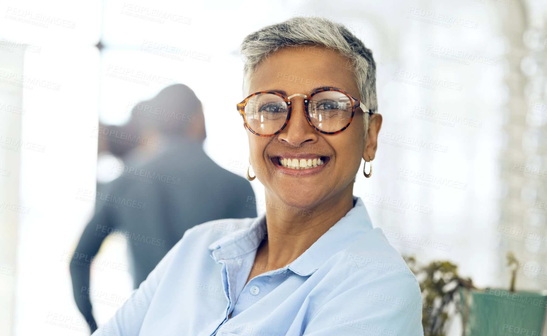 Buy stock photo Glasses, smile and store portrait of woman for visual wellness, ophthalmology or eyewear. Pride, glasses and face of professional optician for lens frame sales, eyesight support or eye care support