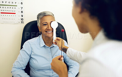 Buy stock photo Eye exam, woman and optometrist with cover for vision, healthcare and tool for focus or test at optometry. Eyes assessment, ophthalmology and person for medical support, glaucoma or retina testing
 
