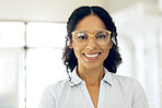 Glasses, smile and shop portrait of woman for visual healthcare clinic, ophthalmology or retail eyewear. Optometrist face, eyeglasses and optician happy for lens frame, eyesight support or eye care