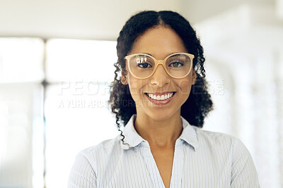 Buy stock photo Glasses, smile and shop portrait of woman for visual healthcare clinic, ophthalmology or retail eyewear. Optometrist face, eyeglasses and optician happy for lens frame, eyesight support or eye care