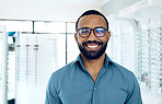 Glasses, optometrist smile and portrait black man for vision healthcare, product sales or ophthalmology service. Eyeglasses customer, store management or African optician happy for eye care support