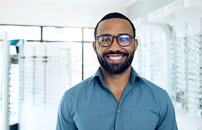 Buy stock photo Glasses, optometrist smile and portrait black man for vision healthcare, product sales or ophthalmology service. Eyeglasses customer, store management or African optician happy for eye care support