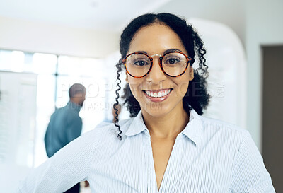 Buy stock photo Optometry store, glasses and portrait of happy woman, optician or customer for lens frame, retail choice or eyewear sales. Eye care clinic, optometry or face of optometrist smile for eyesight support