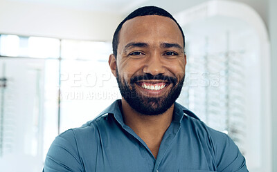 Buy stock photo Optometry store, happiness and portrait of black man, optician or ophthalmologist for vision help, healthcare or ophthalmology. Eye care, service clinic and face of optometrist for eyesight support