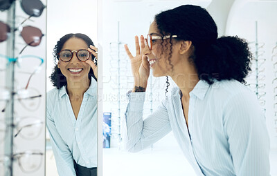 Buy stock photo Optometry shop, mirror or happy woman with glasses, lens frame and shopping for eyewear, vision product or optical support. Reflection, eye care choice and customer smile for prescription eyeglasses