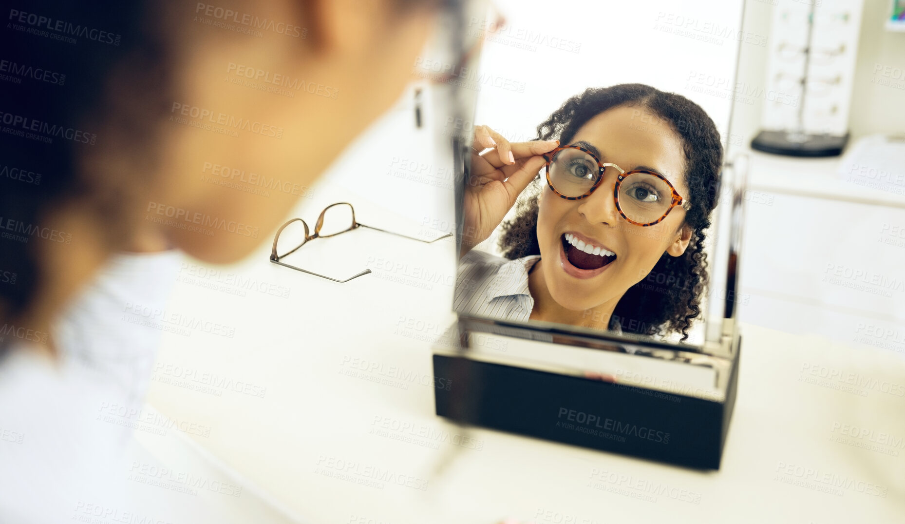 Buy stock photo Optometry store, mirror and woman surprise over eyeglasses decision, optical clinic product or prescription eyewear. Face reflection, ocular eye care and customer shocked, wow and excited for glasses