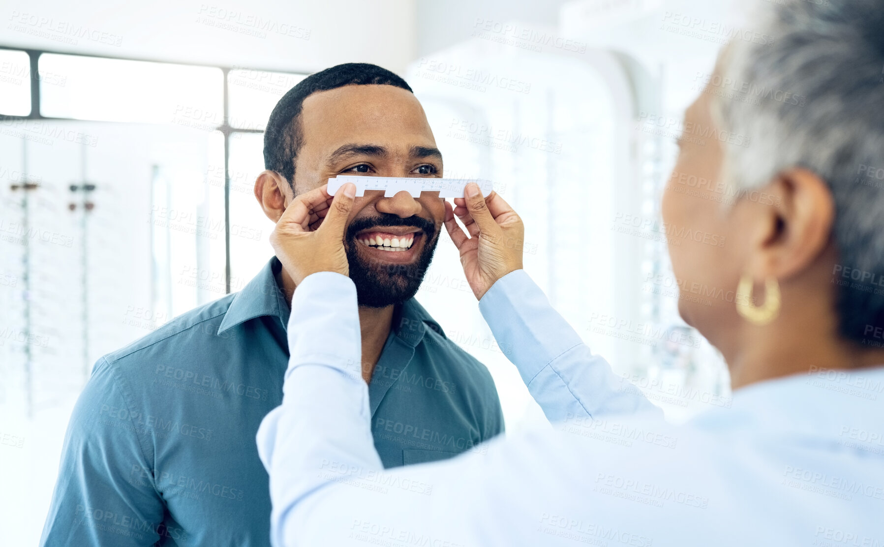 Buy stock photo Optometrist woman, man and frame for eye exam, check and lens for vision, wellness and health in clinic. Doctor, eyesight tools and smile for help with assessment, consultation or glasses in hospital