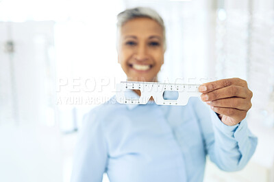 Buy stock photo Senior woman, optometrist and optical ruler for eyesight, eye care or measuring for lens, eyewear or glasses. Healthcare, professional and optometry for test, frame or expert for vision, check or job