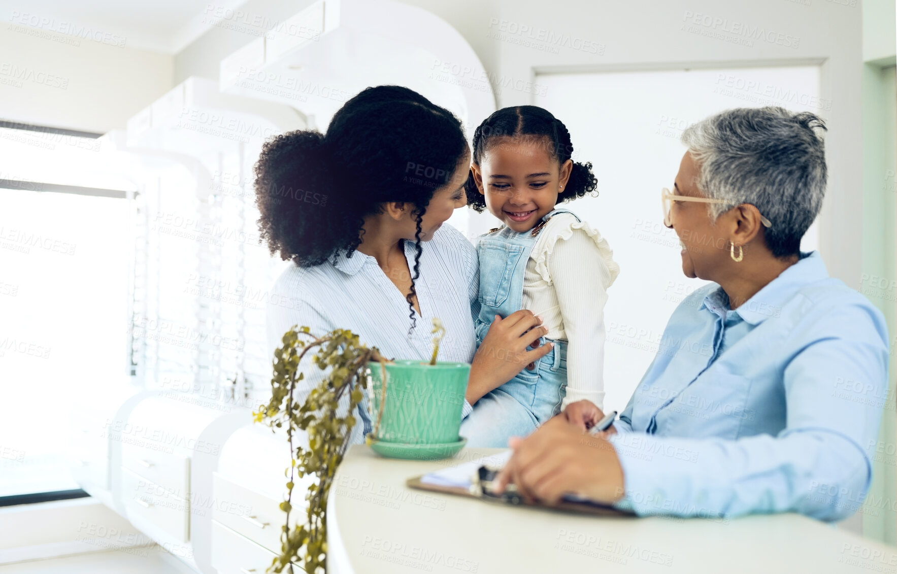 Buy stock photo Mother, daughter and pediatrician in a clinic for insurance, healthcare checkup or medical appointment. Family, doctor and a girl child in the hospital with a mature medicine professional for health