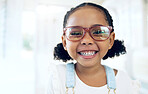 Store portrait, happy child and vision eyeglasses, lens frame or optical eyewear for youth ocular wellness, support or optometry. Retail product, visual accessory and young kid for eye care glasses
