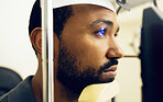 Man, face and eye exam with vision and laser machine, health and vision with closeup, optometry and wellness at clinic. Patient, healthcare and scan retina for assessment, prescription and technology