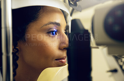 Buy stock photo Woman, eye test and opthalmology at clinic for vision, cataract and optic health with slit lamp examination. Face, female patient and optometrist for prescription lenses for glaucoma with diabetes