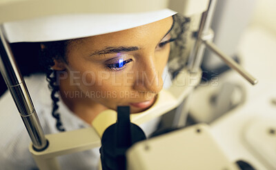 Buy stock photo Woman, face and eye exam with vision and laser machine, health and vision with top, optometry and wellness at clinic. Patient, healthcare and scan retina for assessment, prescription and technology