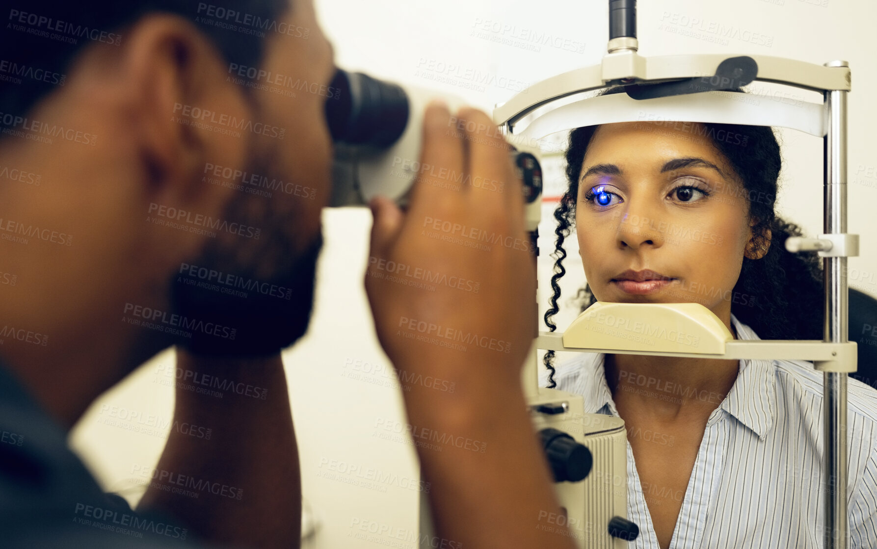 Buy stock photo Woman, optometrist and eye exam with vision and laser machine, health and vision with optometry and wellness at clinic. Patient, man and scan retina for assessment with prescription and technology