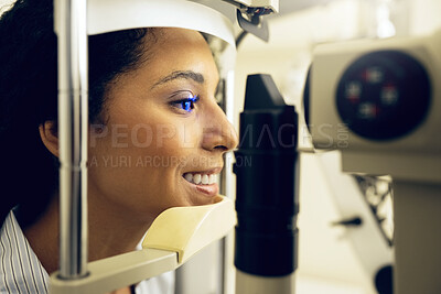 Buy stock photo Woman, eye exam and optometry for vision, medical and healthcare consultation or glaucoma check. Happy client with laser technology, blue light or machine for scanning eyes and ophthalmology test