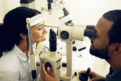 Buy stock photo Eye test, machine and a woman with a doctor for optometry, vision problem and surgery on lens. Happy, clinic and a patient with a man or optometrist for a medical exam, retina health and check