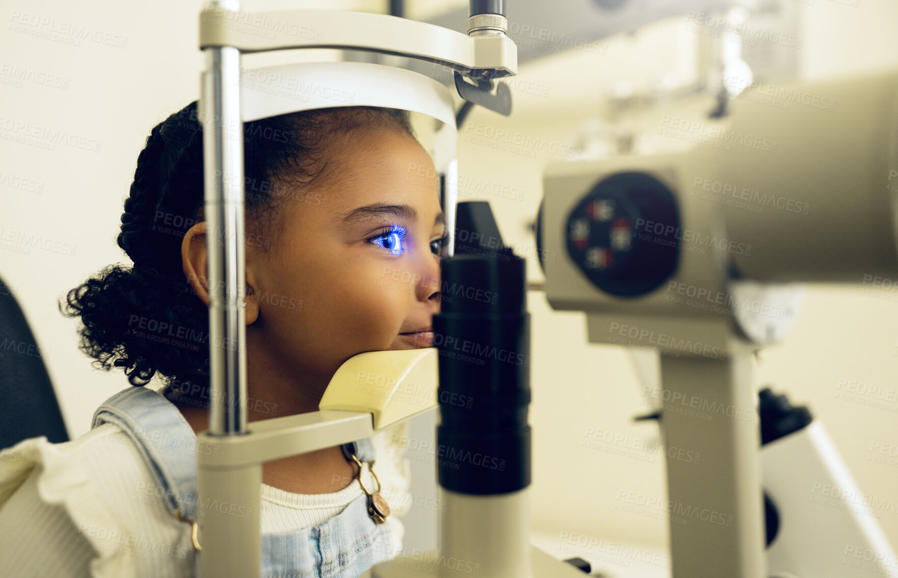 Buy stock photo Child, eye exam and optometry for medical, vision and healthcare consultation or glaucoma check. Young client or girl kid with laser technology, blue light or machine scanning and ophthalmology test