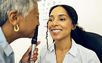 Woman, eye care and medical test with ophthalmoscope to check for glaucoma, ocular consulting and healthcare assessment. Clinic optician, eyesight and retina analysis of happy patient with lens tools