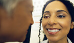 Happy woman, face or eye doctor consulting to help eyesight at optometrist for a optical assessment. Optician, wellness or customer in test for vision, iris or retina health with laser technology 