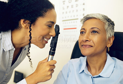 Buy stock photo Woman, eye exam and medical test with ophthalmoscope to check for glaucoma, ocular services and healthcare assessment. Expert optician, eyesight and retina analysis of mature patient with lens tools